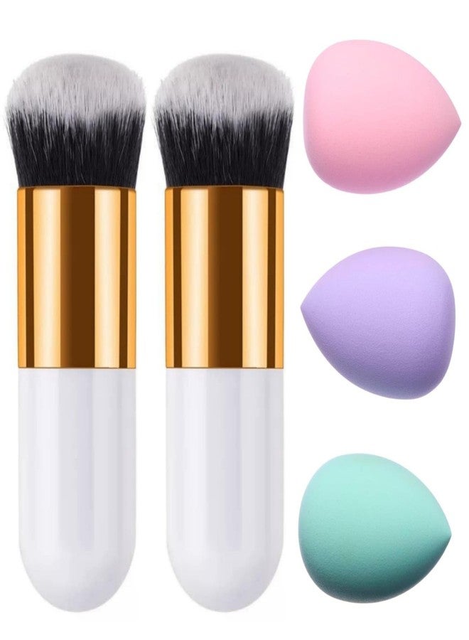Zirak Premium Makeup Brush and Sponge Set - 2 Foundation Kabuki Brushes + 3 Beauty Blender Puffs - Flat Top Brush and Puff Combo for Liquid, Cream, and Powder Makeup - Pack of 5 - Image 1