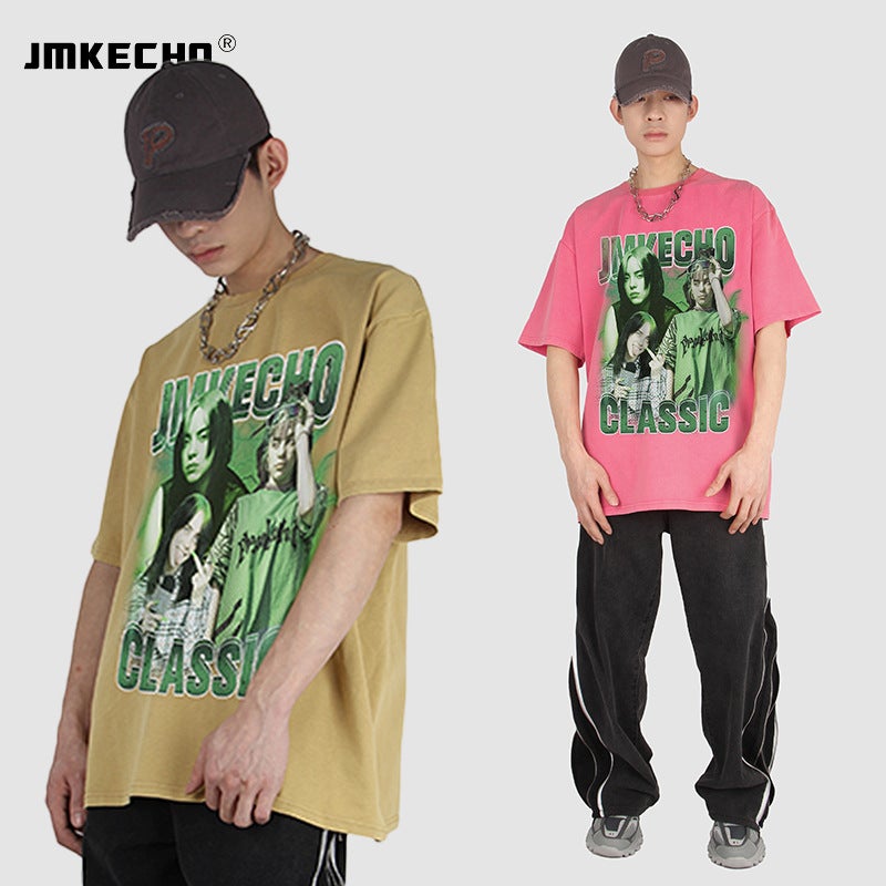 JMKECHO Men's American Character Printed Washed Short-Sleeved T-Shirt oversize Street Fashion Brand Hip-Hop for Men and Women - Image 5