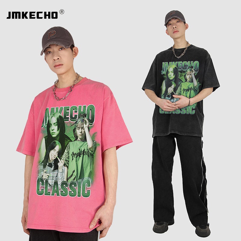 JMKECHO Men's American Character Printed Washed Short-Sleeved T-Shirt oversize Street Fashion Brand Hip-Hop for Men and Women - Image 3