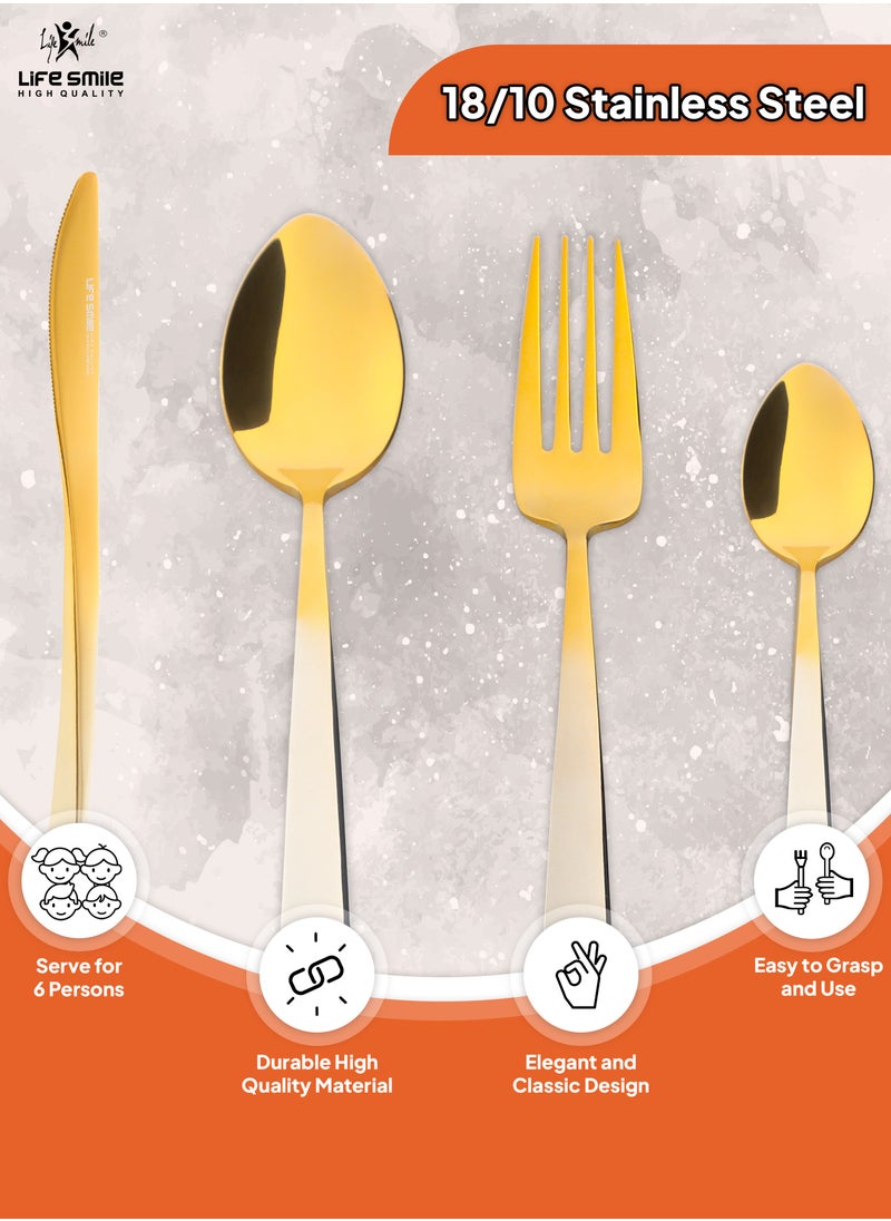 Life Smile 24 Pieces Cutlery Set Service for 6 person,Pure Stainless Steel Flatware Set,Mirror Polished Cutlery Utensil Set Include Spoon/Fork/Dinner Knife/Tea Spoon(GOLD GRADIENT)  - Image 4