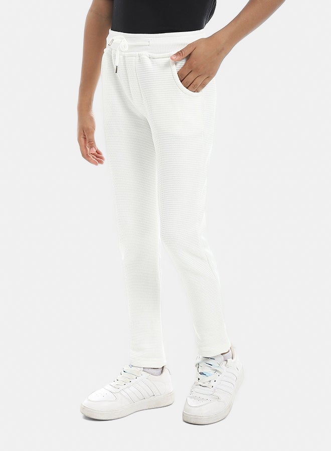 Andora Self Patterened White Elastic Waist Casual Pants_White - Image 2
