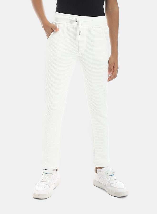 Andora Self Patterened White Elastic Waist Casual Pants_White - Image 1