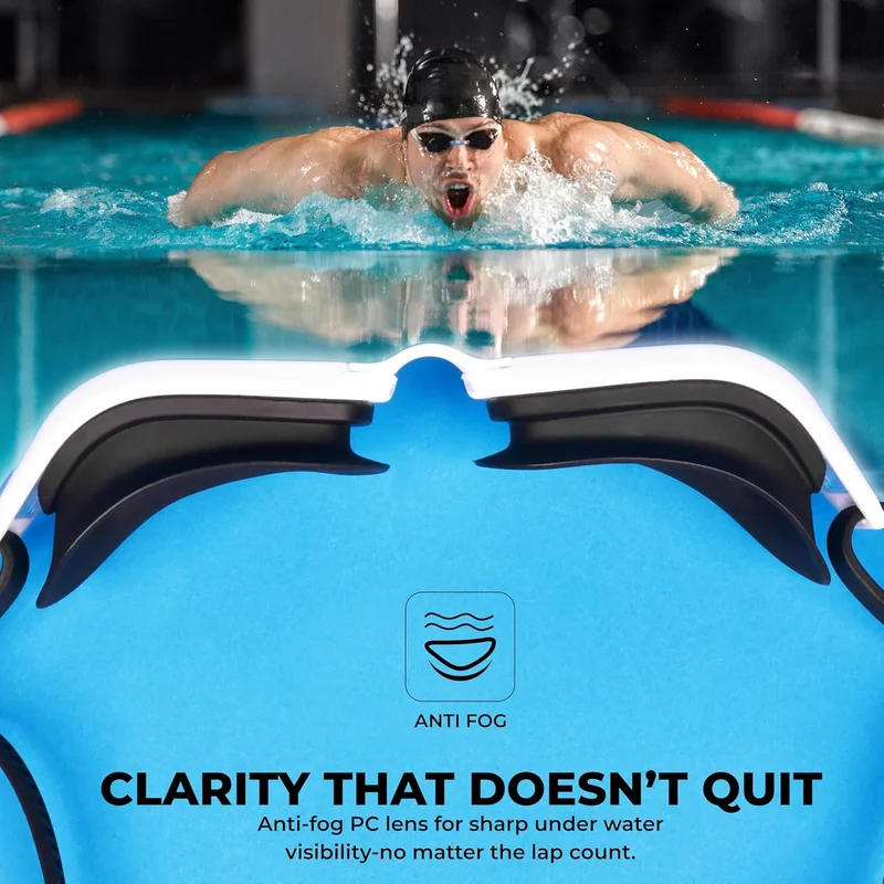 نيفيا Nivia Visionz Swimming Goggles for Adults - Anti Fog, UV Protection, Comfort Fit - Black/White