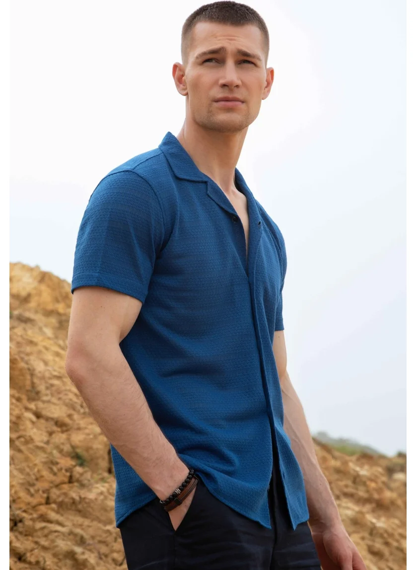 Tudors Men's Slim Fit Slim Cut Short Sleeve Knitted Fabric Indigo Open Collar Shirt
