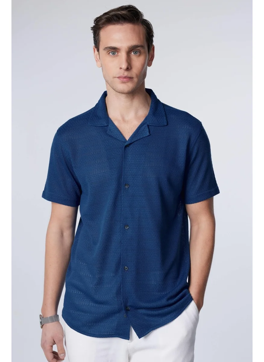 Tudors Men's Slim Fit Slim Cut Short Sleeve Knitted Fabric Indigo Open Collar Shirt