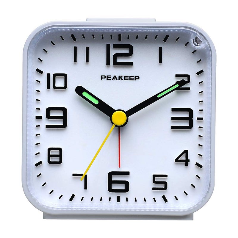 Peakeep 3D Numbers No TickTock Analog Alarm Clock with Classic Beep Sound Snooze Manual Light and Battery Powered Small for Travel White3D