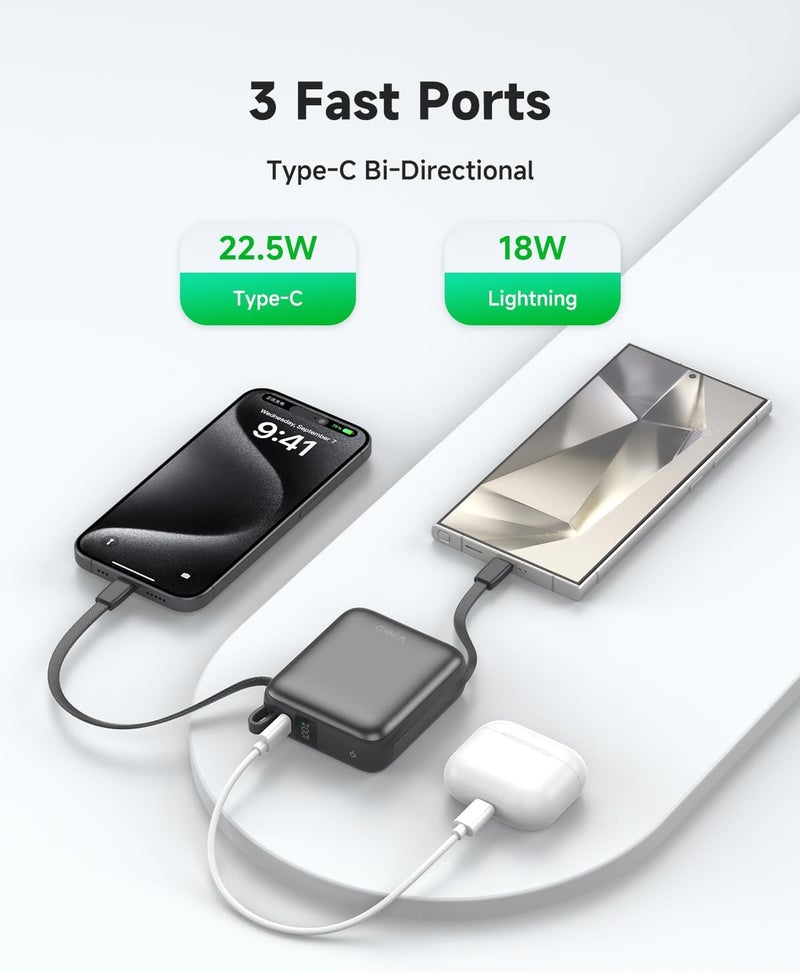 Vinko Power Bank 10000mAh 22.5W Fast Charging,Ultra Compact Portable Power Bank with Built-in Cables,3 Outputs,LED Display,Pocket Size Travel Charger for iPhone 17/16/15, Samsung S25/24,Android(Gray) - Image 3