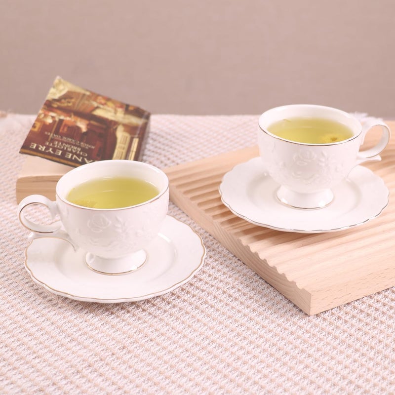 GuangYang 12 قطعة من أكواب الشاي الفاخرة من البورسلين المزخرفة بتصميم ورد فريد مع saucers مجموعة من 6 أكواب سيراميك يدوية الصنع بخط ذهبي لكابتشينو - Image 5