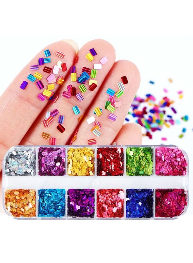 Vezocim Laser Square Glitter Nail Art Sequins, Holographic 3D 12 Colors Glitter Flakes Design, Rectangle Shape Nail Shiny Supplies for Women Girls Manicure Powder Charms Decorations, DIY Resin Nail Art Tips - Image 2