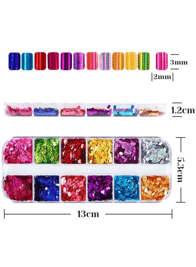 Vezocim Laser Square Glitter Nail Art Sequins, Holographic 3D 12 Colors Glitter Flakes Design, Rectangle Shape Nail Shiny Supplies for Women Girls Manicure Powder Charms Decorations, DIY Resin Nail Art Tips - Image 5