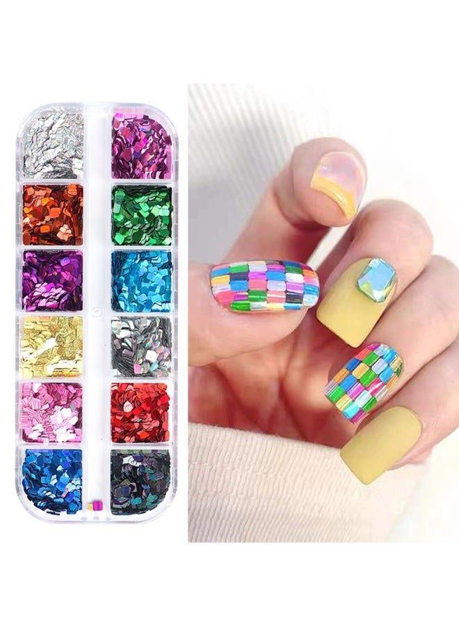 Vezocim Laser Square Glitter Nail Art Sequins, Holographic 3D 12 Colors Glitter Flakes Design, Rectangle Shape Nail Shiny Supplies for Women Girls Manicure Powder Charms Decorations, DIY Resin Nail Art Tips - Image 1