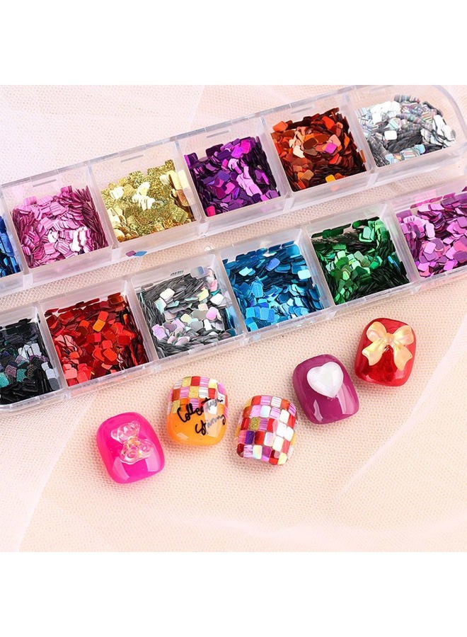 Vezocim Laser Square Glitter Nail Art Sequins, Holographic 3D 12 Colors Glitter Flakes Design, Rectangle Shape Nail Shiny Supplies for Women Girls Manicure Powder Charms Decorations, DIY Resin Nail Art Tips - Image 3