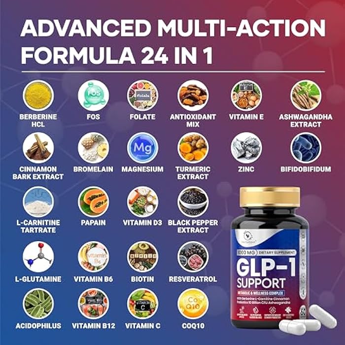 24-in-1 GLP-1 Supplement 1000 mg with Berberine, L-Carnitine, Ashwagandha | Metabolism Support for Satiety & Craving Control | Probiotics 10 Billion CFU for Gut Health & Healthy Energy – 60 Capsules - Image 5
