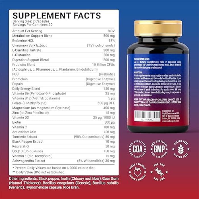 24-in-1 GLP-1 Supplement 1000 mg with Berberine, L-Carnitine, Ashwagandha | Metabolism Support for Satiety & Craving Control | Probiotics 10 Billion CFU for Gut Health & Healthy Energy – 60 Capsules - Image 2
