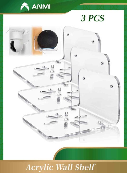 Clear Acrylic Wall Shelf 3 Pack for Smart Security Cameras, Baby & Pet Monitors, Small Floating Shelf for Plants, Speaker, Dog Camera, with Cable Clips