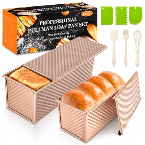 Dipanist 2Pack Loaf Pans with Lids – 2.2 LB & 1 LB Dough Capacity, Non-Stick Carbon Steel Bread Pans for Homemade Sandwich and Sourdough Bread, Corrugated Toast Mold - Image 1