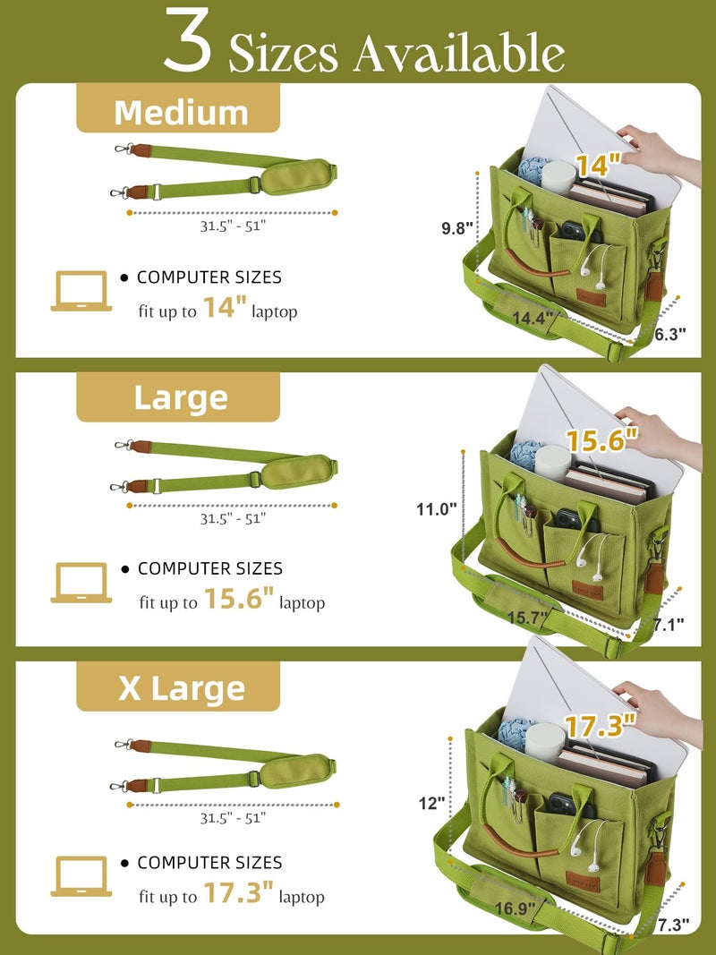 FIORETTO Canvas Tote Bag for Women with Zipper Closure & Individual Compartments for Work College, Crossbody Laptop Tote Purse Handbag with Bottom Support for Teacher & Nurse Grass Green - Image 3