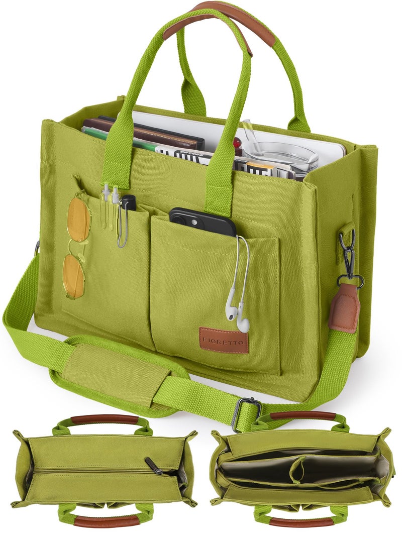 FIORETTO Canvas Tote Bag for Women with Zipper Closure & Individual Compartments for Work College, Crossbody Laptop Tote Purse Handbag with Bottom Support for Teacher & Nurse Grass Green - Image 1