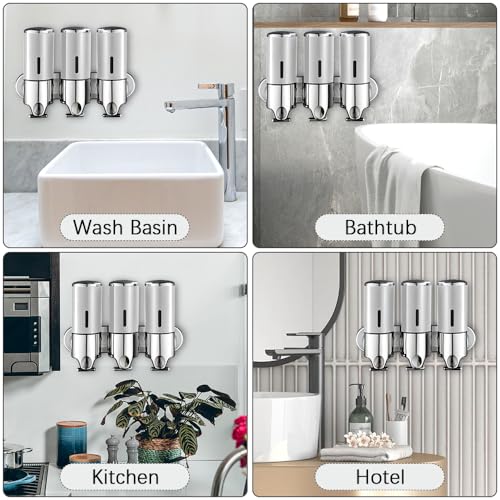 prosfalt 3 in 1 Chamber Wall Mounted Bathroom Shower Pump Dispenser and Organizer-Holds Shampoo, Soap, Conditioner, Shower Gel, for Bathroom Kitchen Hotel (Silver) - Image 4