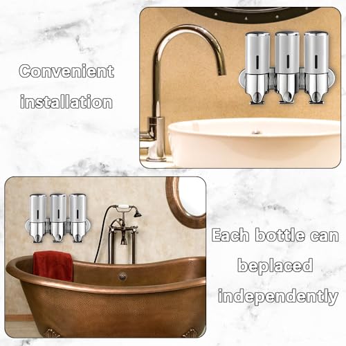 prosfalt 3 in 1 Chamber Wall Mounted Bathroom Shower Pump Dispenser and Organizer-Holds Shampoo, Soap, Conditioner, Shower Gel, for Bathroom Kitchen Hotel (Silver) - Image 2