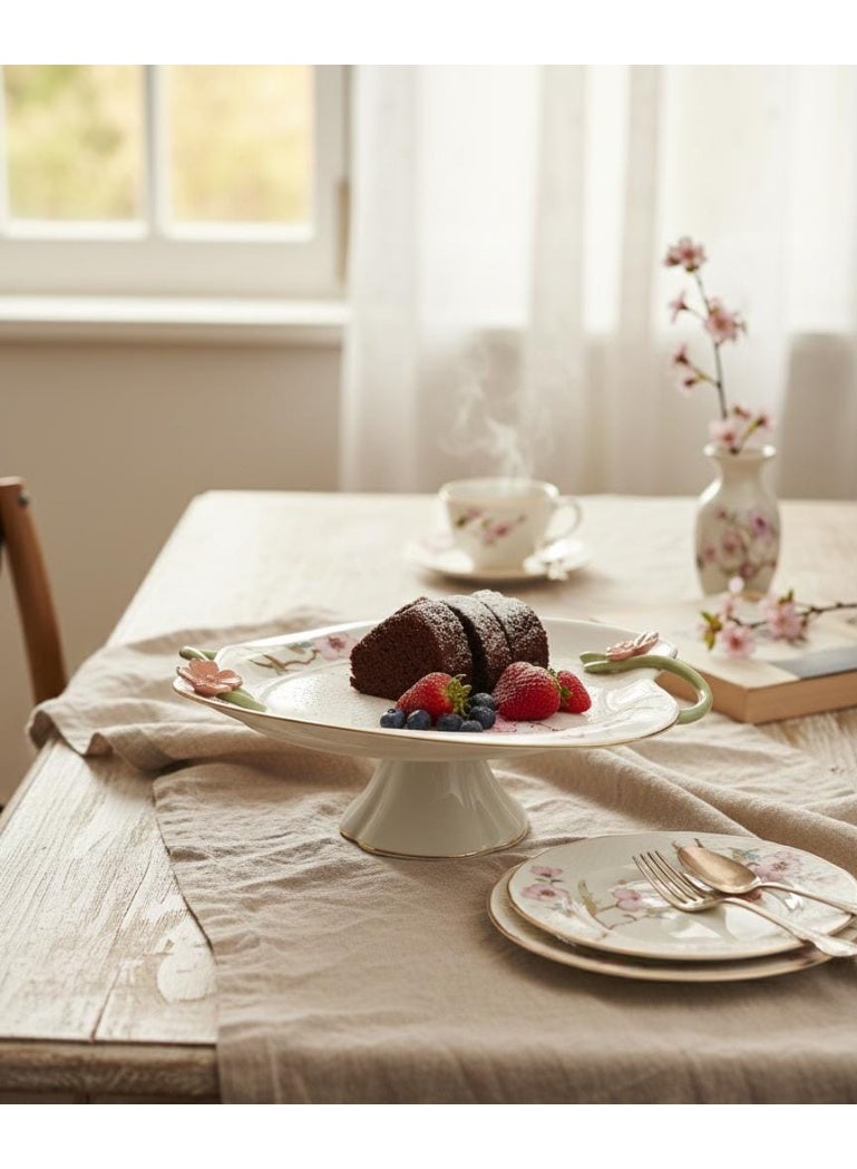 AKDC Angela Floral Premium Footed Ceramic Fruit Serving Plate – White (29×12 cm) - Image 2