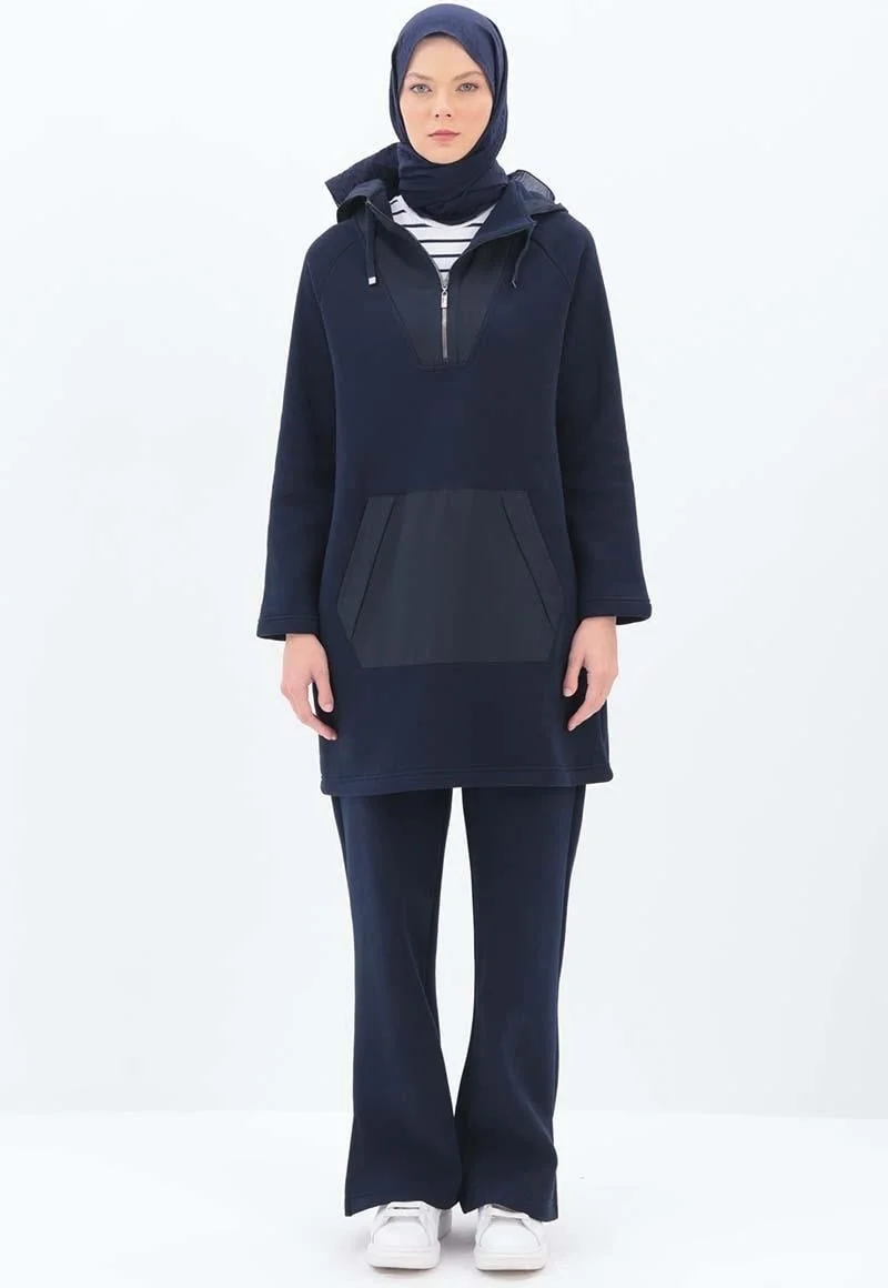 Allday Navy Blue-Garnished Kangaroo Pocket Tracksuit