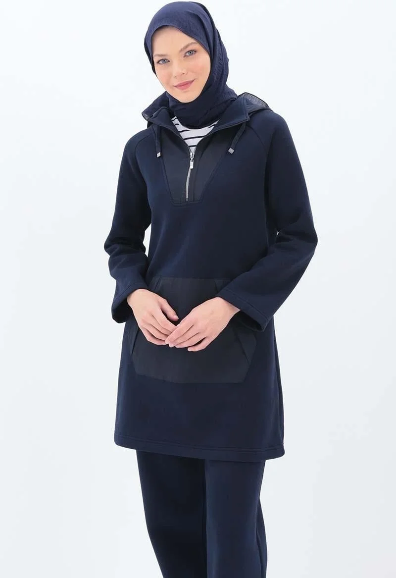 Allday Navy Blue-Garnished Kangaroo Pocket Tracksuit