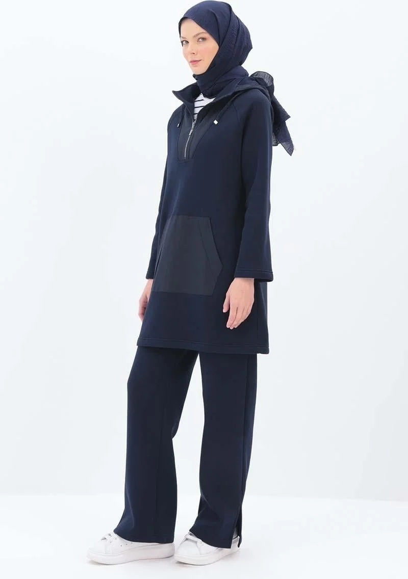 Allday Navy Blue-Garnished Kangaroo Pocket Tracksuit