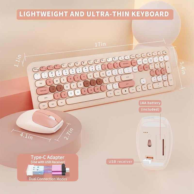 SkyGive Wireless Keyboard and Mouse Combo, Colorful Ergonomic Full Size Retro Low-Noise Keyboard with Cute keycaps, Compatible with Windows, PC, Perfer for Home and Office Keyboards (Brown) - Image 4