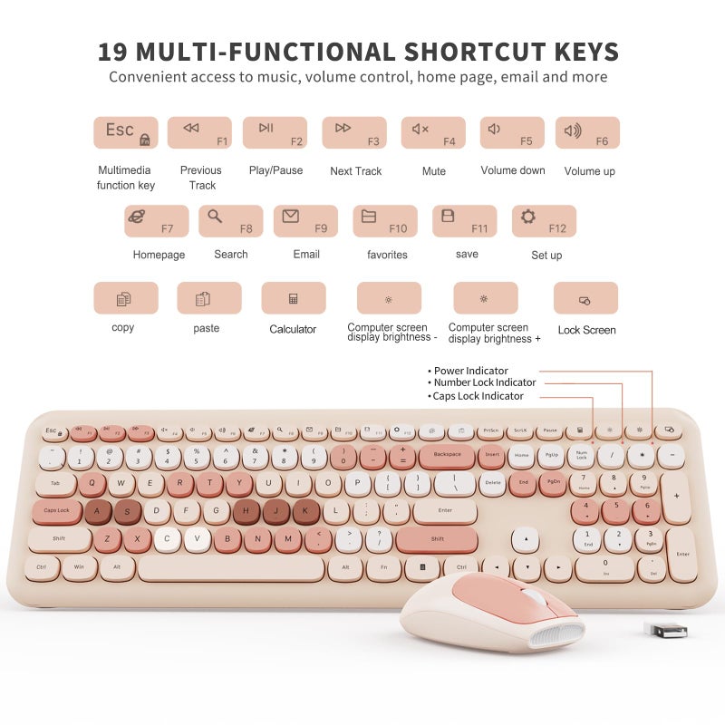 SkyGive Wireless Keyboard and Mouse Combo, Colorful Ergonomic Full Size Retro Low-Noise Keyboard with Cute keycaps, Compatible with Windows, PC, Perfer for Home and Office Keyboards (Brown) - Image 3