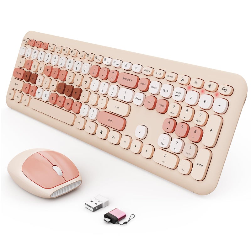 SkyGive Wireless Keyboard and Mouse Combo, Colorful Ergonomic Full Size Retro Low-Noise Keyboard with Cute keycaps, Compatible with Windows, PC, Perfer for Home and Office Keyboards (Brown) - Image 1
