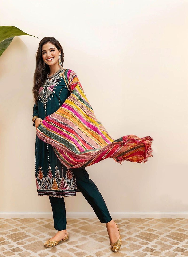 ISHIN Women Teal Cotton 2 Pcs Kurta Set - Image 2