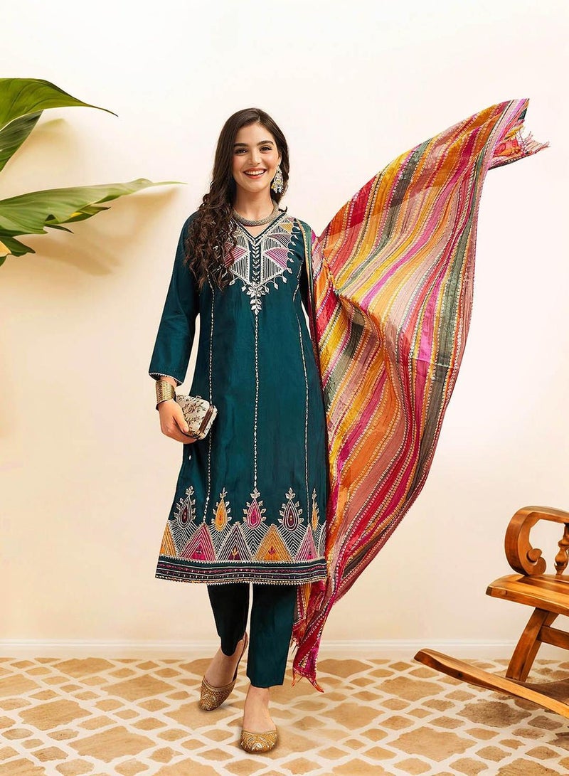 ISHIN Women Teal Cotton 2 Pcs Kurta Set - Image 3