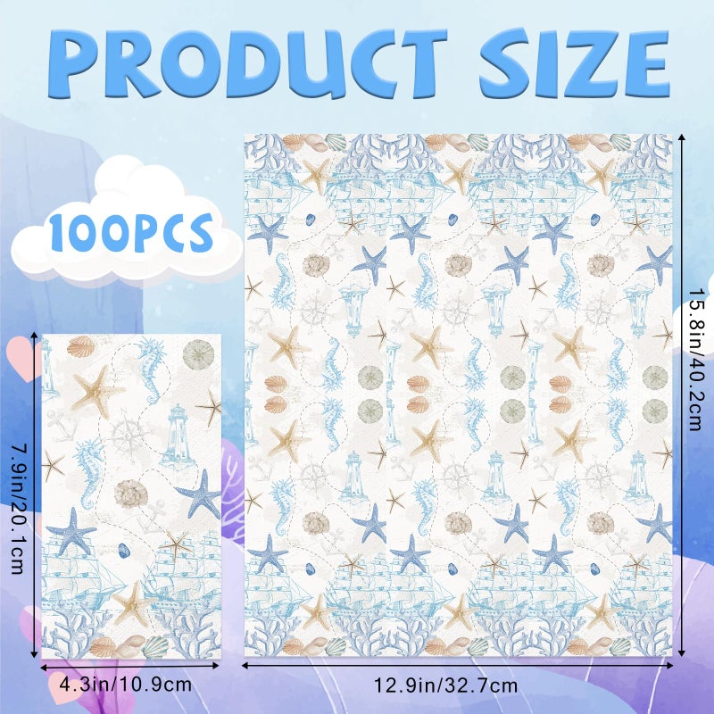 wuhuzsm 100 Pcs Nautical Coastal Paper Napkins, Sea Blue Disposable Guest Towels for Wedding, Boat & Beach Parties, Bathroom Hand Towels, Dinner Decorative Supplies - Image 2