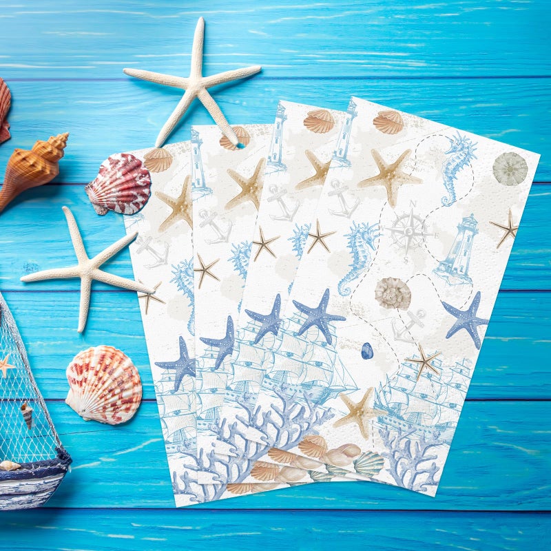 wuhuzsm 100 Pcs Nautical Coastal Paper Napkins, Sea Blue Disposable Guest Towels for Wedding, Boat & Beach Parties, Bathroom Hand Towels, Dinner Decorative Supplies - Image 4