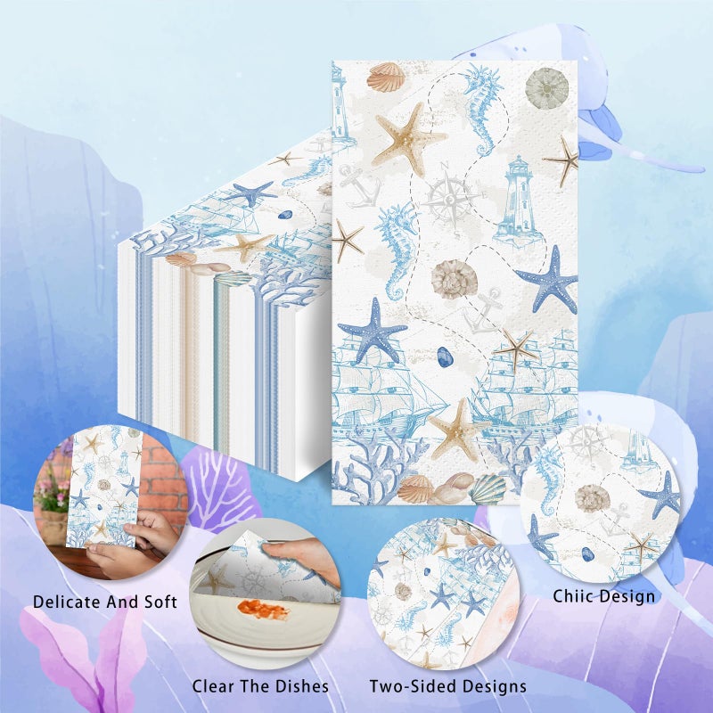 wuhuzsm 100 Pcs Nautical Coastal Paper Napkins, Sea Blue Disposable Guest Towels for Wedding, Boat & Beach Parties, Bathroom Hand Towels, Dinner Decorative Supplies - Image 3