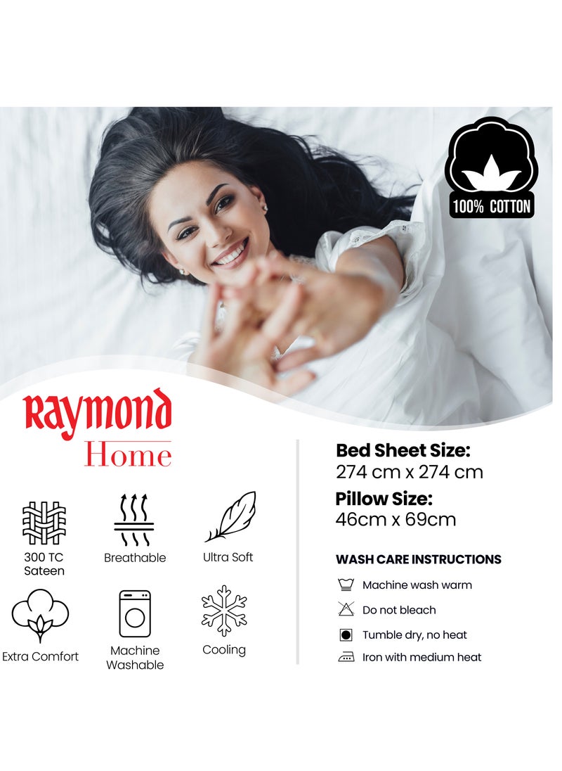 Raymond Home King Flat Sheet Bedsheet 300 Thread Count Luxurious Mercerized 100% Cotton Bedding Solid Pre Shrunk Sateen Stripe Finish Bed Linen with 2 Pillow Case - (274 * 274 CM)-White