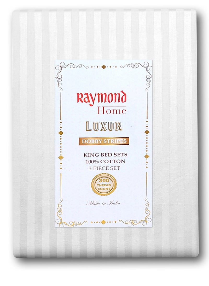 Raymond Home King Flat Sheet Bedsheet 300 Thread Count Luxurious Mercerized 100% Cotton Bedding Solid Pre Shrunk Sateen Stripe Finish Bed Linen with 2 Pillow Case - (274 * 274 CM)-White
