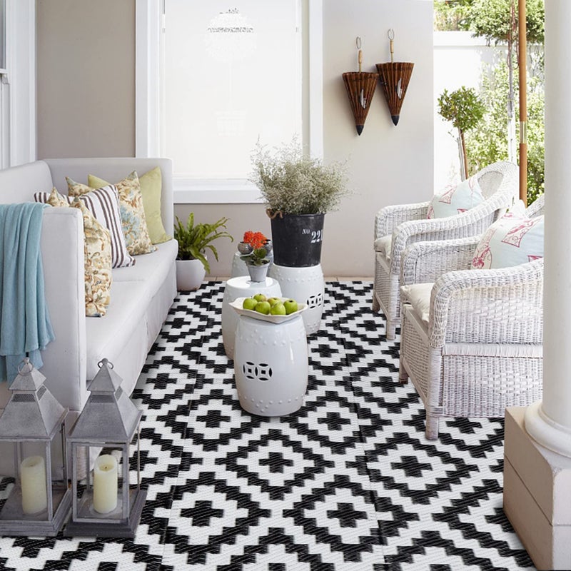 SAND MINE Waterproof Outdoor Rug 4x6 ft, Plastic Reversible Rug, Modern Area Rug, Large Floor Mat for Outdoors, RV, Patio, Backyard, Deck, Picnic, Beach, Camping (4' x 6', Black & White Lattice) - Image 5