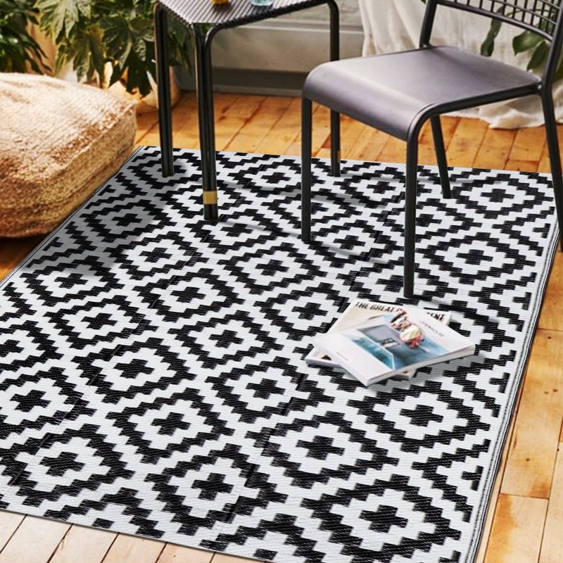 SAND MINE Waterproof Outdoor Rug 4x6 ft, Plastic Reversible Rug, Modern Area Rug, Large Floor Mat for Outdoors, RV, Patio, Backyard, Deck, Picnic, Beach, Camping (4' x 6', Black & White Lattice) - Image 1