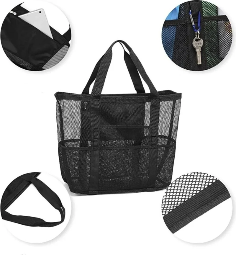 Seburam Mesh Black Beach Bag Women's Beach Bag Large Size Multi-Pocket Sand-Repellent Beach Bag