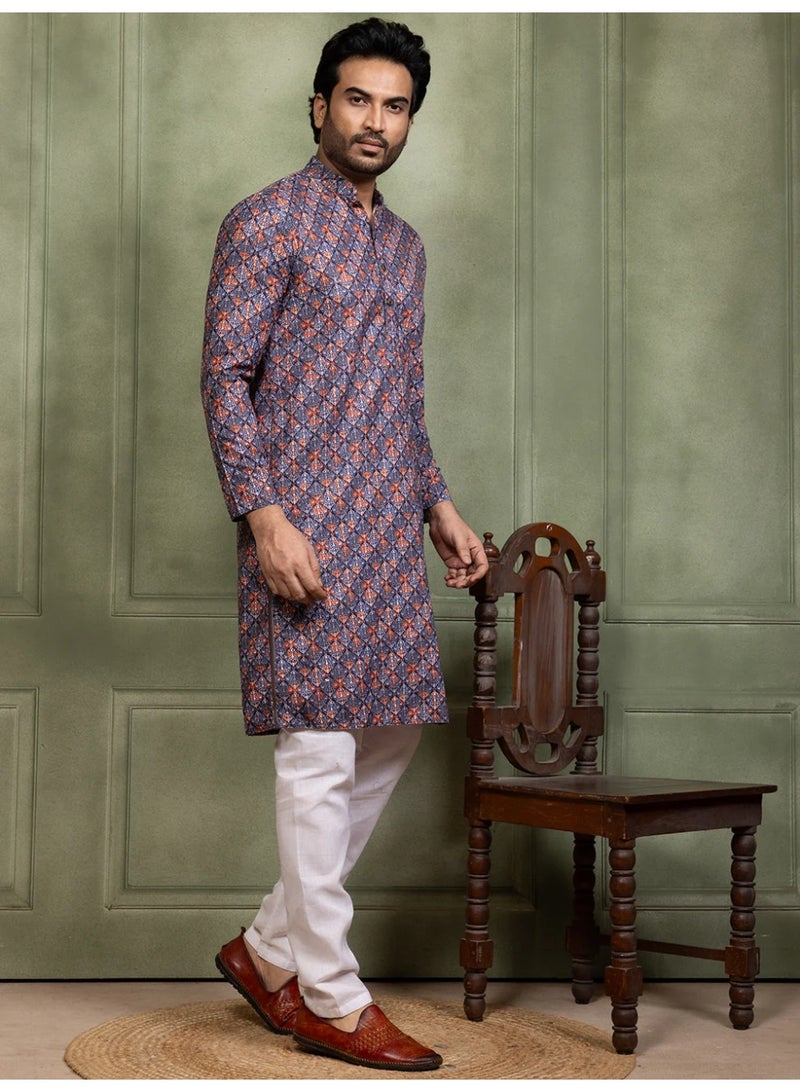 Devoiler Mens Printed Cotton Kurta Set with All Over Thread Work - Image 5
