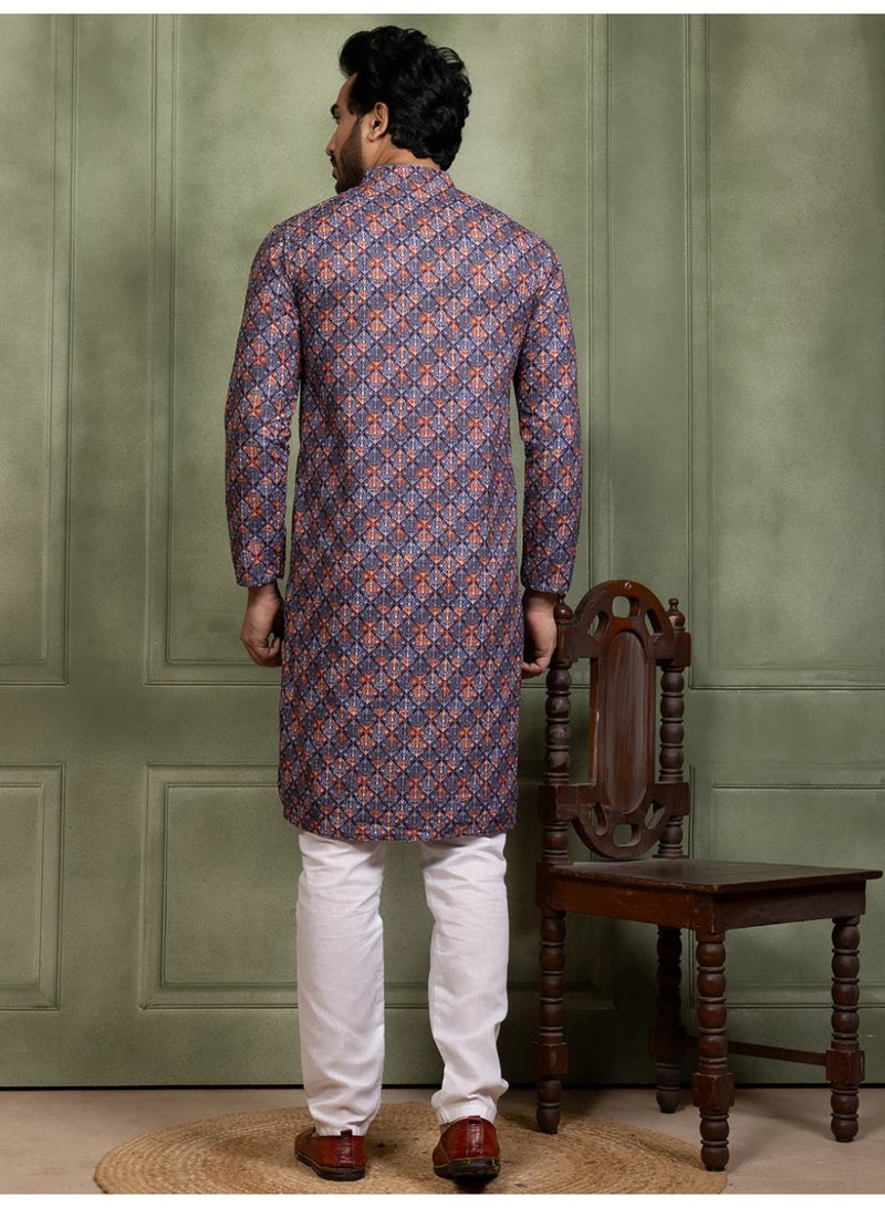 Devoiler Mens Printed Cotton Kurta Set with All Over Thread Work - Image 1