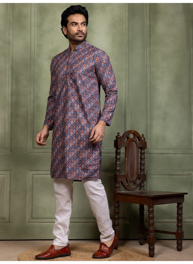 Devoiler Mens Printed Cotton Kurta Set with All Over Thread Work - Image 2
