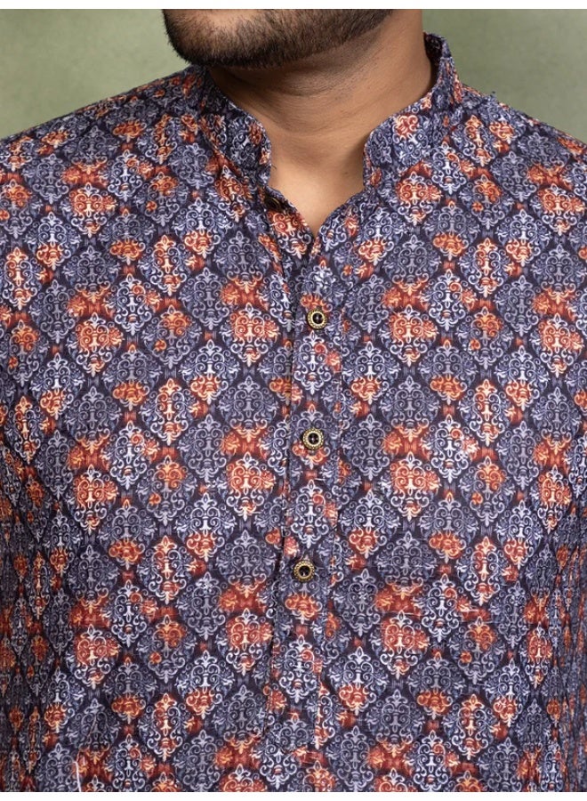 Devoiler Mens Printed Cotton Kurta Set with All Over Thread Work - Image 3