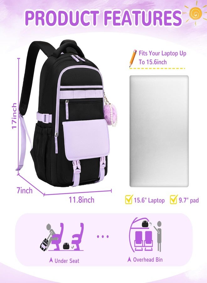 ASKSKY Backpack for Girls, School Backpack for Teens Girls Women, 15.6 Inch Laptop Bag, Cute Kids Bookbag for School, Casual Daypack for Elementary Middle College Work Travel Airport, Black Purple - Image 2