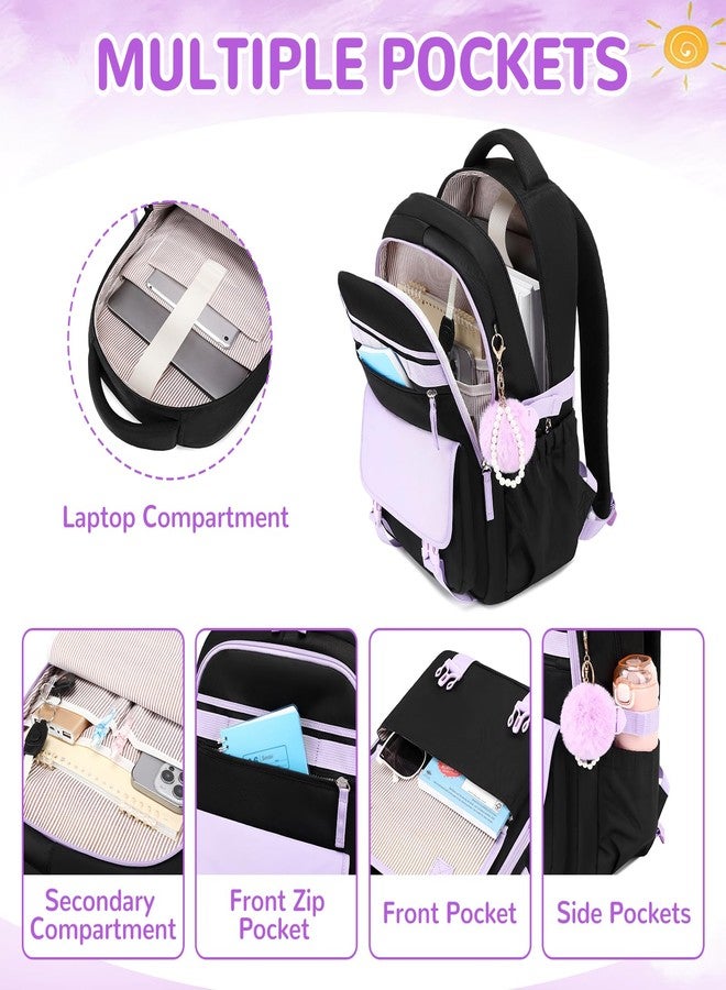 ASKSKY Backpack for Girls, School Backpack for Teens Girls Women, 15.6 Inch Laptop Bag, Cute Kids Bookbag for School, Casual Daypack for Elementary Middle College Work Travel Airport, Black Purple - Image 3