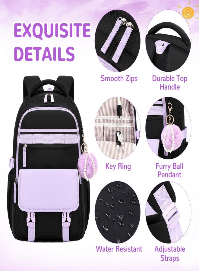 ASKSKY Backpack for Girls, School Backpack for Teens Girls Women, 15.6 Inch Laptop Bag, Cute Kids Bookbag for School, Casual Daypack for Elementary Middle College Work Travel Airport, Black Purple - Image 5