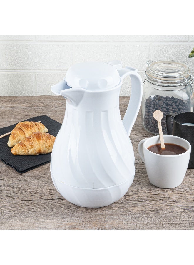 Restaurantware Restpresso 42 Ounce Coffee Carafes, 10 Insulated Coffee Servers - Push-Button Top, Swirl Design, White Plastic Coffee Pitchers, Built-In Handle, With Identification Tags  - Image 3