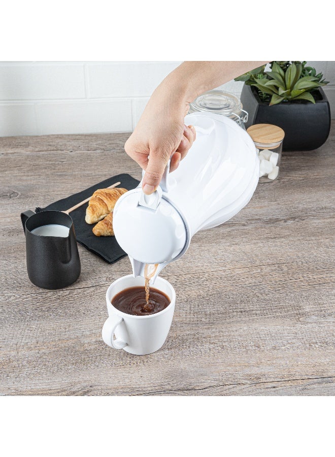 Restaurantware Restpresso 42 Ounce Coffee Carafes, 10 Insulated Coffee Servers - Push-Button Top, Swirl Design, White Plastic Coffee Pitchers, Built-In Handle, With Identification Tags  - Image 5